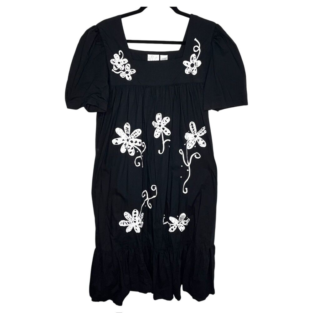 Vtg Go Softly Size Large House Dress Kaftan Mumu Embroidered Flora Boho Black